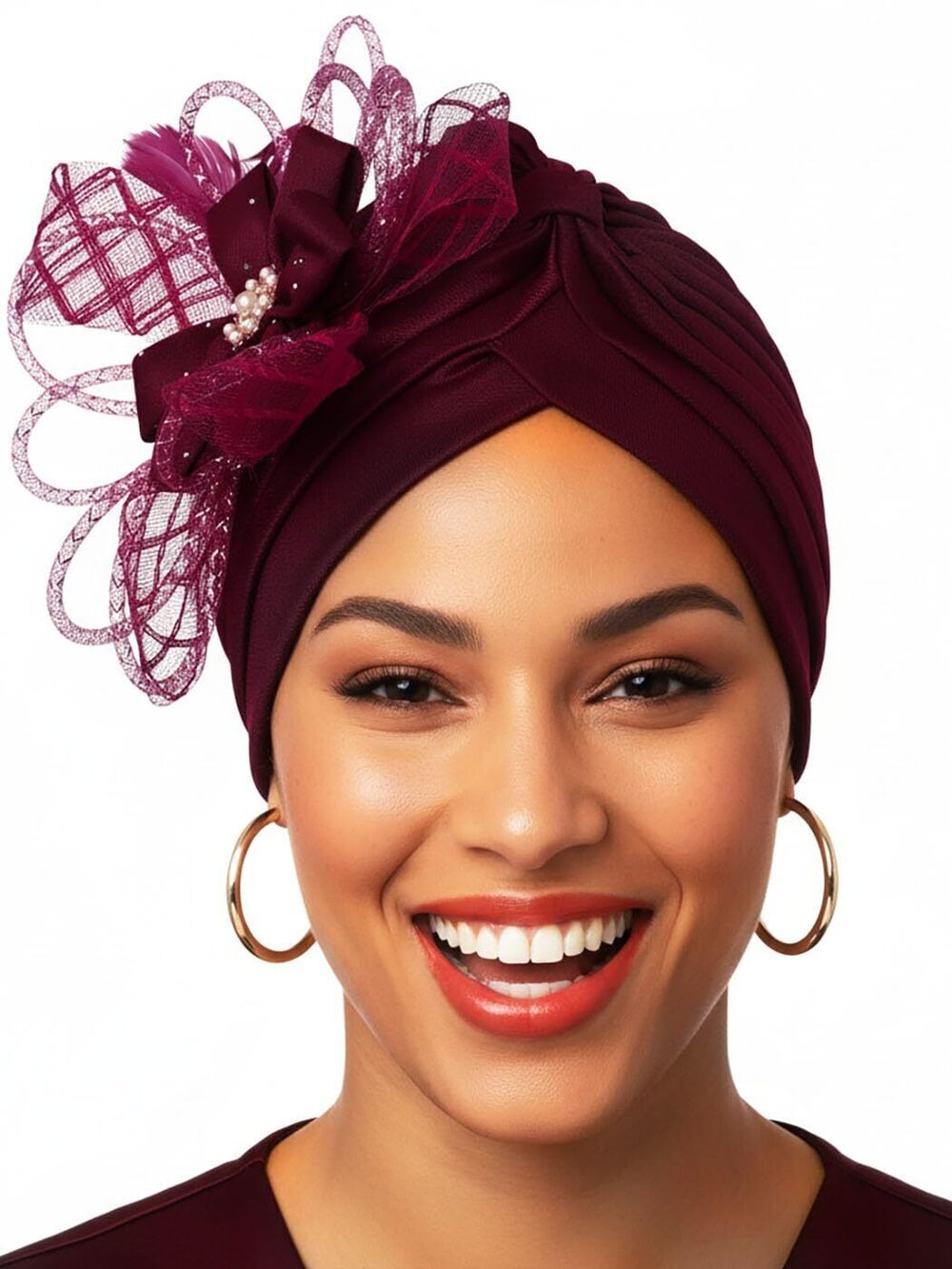 7552 Flower Turbans Cap Pearl Headwarp Burgundy Fascinator Turbans
